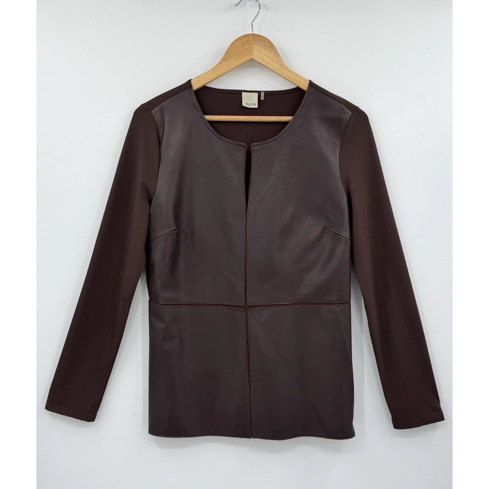 Ecru Top Genuine Leather Long Sleeve Chocolate Brown Long Sleeves Size S/M - Picture 2 of 11